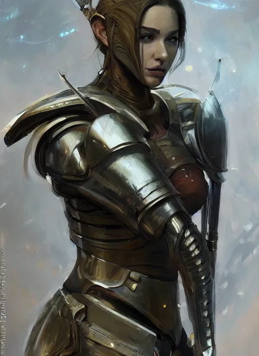 Image similar to a professional painting of a beautiful young female, clothed in military armor, olive skin, long dark hair, beautiful bone structure, symmetrical facial features, intricate, elegant, digital painting, concept art, smooth, sharp focus, illustration, from Knights of the Old Republic, by Ruan Jia and Mandy Jurgens and Artgerm and William-Adolphe Bouguerea