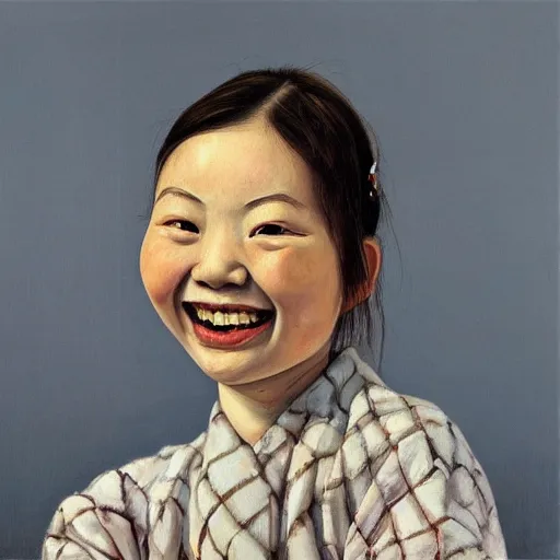 Image similar to high quality high detail painting by lucian freud, hd, smiling cute chineese girl portrait, photorealistic lighting