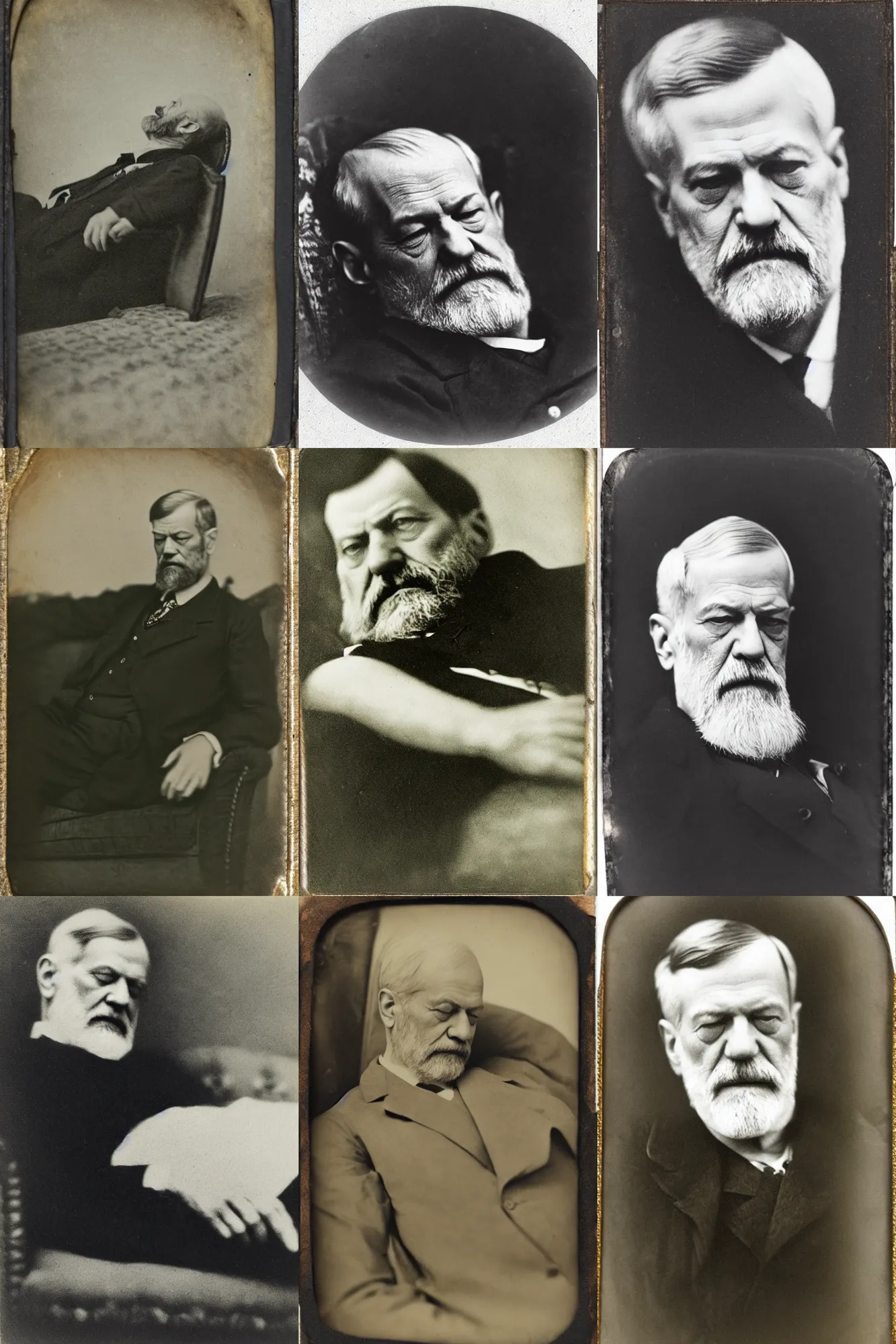 Prompt: tintype portrait of freud napping on a couch
