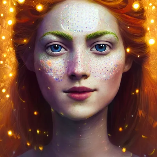 Prompt: a totally amazed smiling pretty robot surrounded by golden firefly lights in a mesmerizing scene, fully covering intricate detailed bohemian outfit, long loose red hair, precise linework, accurate green eyes, small nose with freckles, beautiful smooth oval head, expressive emotions, hyper realistic ultrafine portrait by artemisia gentileschi, jessica rossier, greg rutkowski, artgerm