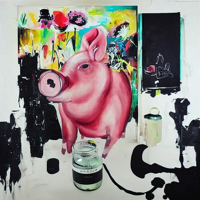 Image similar to “ a portrait in a female art student ’ s apartment, sensual, a pig theme, art supplies, paint tubes, ikebana, herbs, a candle dripping white wax, black walls, squashed berries, berry juice drips, acrylic and spray paint and oilstick on canvas, surrealism, neoexpressionism ”