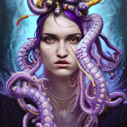 Image similar to art portrait of a furious girl with purple tentacles on her head, 8 k, by tristan eaton, stanley artgermm, tom bagshaw, greg rutkowski, carne griffiths, trending on deviantart, face enhance, hyper detailed, full of colour,