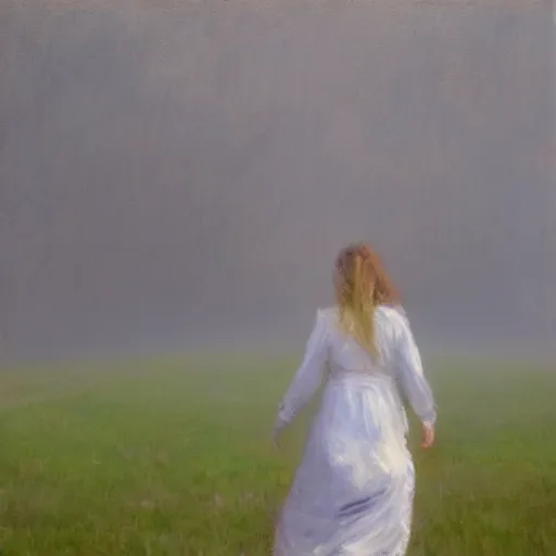 Image similar to an impressionist oil painting of girl with long hair in a white long dress running on the field in a foggy weather