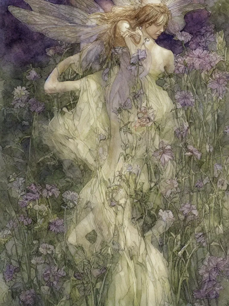 Image similar to study of a flower fairy, illustration, watercolor, alan lee, detailed, pretty, ethereal,