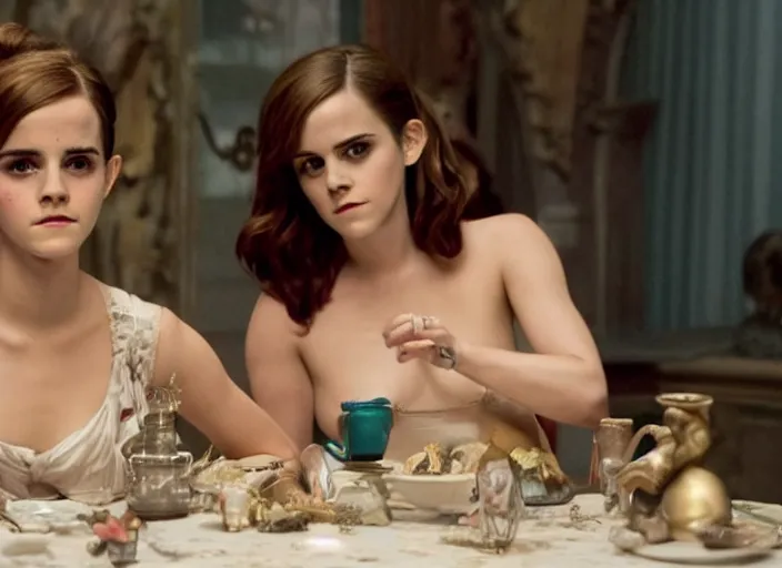 Prompt: movie still of a emma watson with a very big bust sitting at a table with katy perry, smooth white skin, directed by Guillermo Del Toro