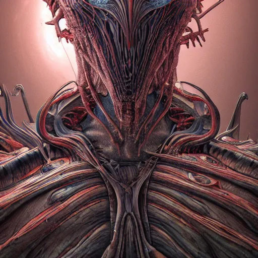 Image similar to Vampire traveling through a beautiful psychedelic world Yasushi Nirasawa Moebius HR Giger Style, 8K, octane render, HDR, volumetric lighting