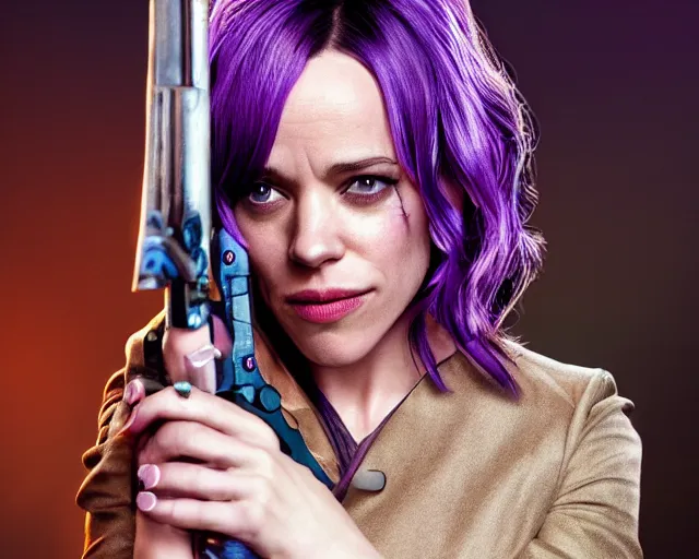 Image similar to Rachel McAdams in heroic pose with weapon, cinematic, 4k, hyper realistic, super detailed, colorful accents, purple hair, golden ratio, symmetrical face, highly detailed professional photo, centered, rim lights, vray caustics, hyper realistic