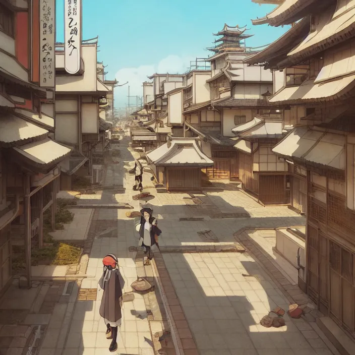 Image similar to empty japanese city, spring, in the style of studio ghibli, j. c. leyendecker, greg rutkowski, artem