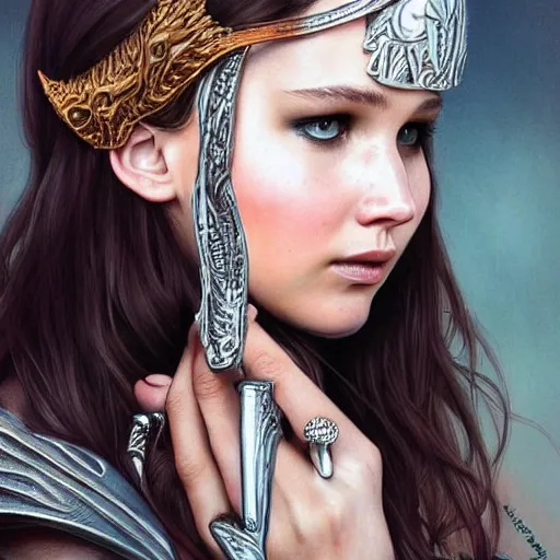 Prompt: an attractive young female with metal rings!!!! on her nose wearing an bone crown, jennifer lawrence, olive skin, long dark hair, beautiful bone structure, intricate, elegant, highly detailed, digital painting, artstation, concept art, smooth, sharp focus, illustration, art by artgerm and greg rutkowski and alphonse mucha