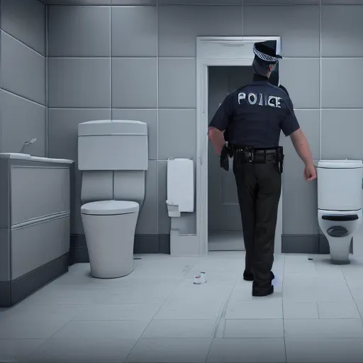 Image similar to a police officer with a plunger, giant toilet in background, giatn toilet, 8 k, cineamtic render by beeple, octane render, photorealistic