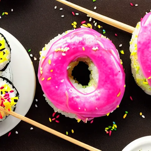 Prompt: a photo of a sushi doughnut with sprinkles and pink frosting