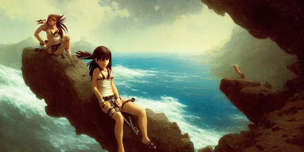 Prompt: chibi chibi Lara Croft relaxing, Ivan Aivazovsky, Christopher Balaskas, Noah Bradley, Albert Bierstadt, Jim Burns, Edwin Church, Frederic Thomas Cole, Brown Durand, Asher David Friedrich, Caspar James Gurney, Johnson Heade, Martin Raphael Lacoste, Ted Nasmith, Andreas Rocha, Christophe Vacher