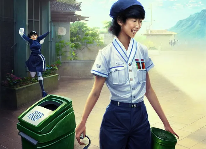 Image similar to portrait of an Italian Japanese Hapa young woman school with short hair wearing a navy and white sepuku uniform and jumping outside a green trashbin in Kalakaua avenue in Waikiki, intricate, elegant, highly detailed, centered, digital painting, artstation, concept art, smooth, sharp focus, illustration, by Peter Mohrbacher, WLOP