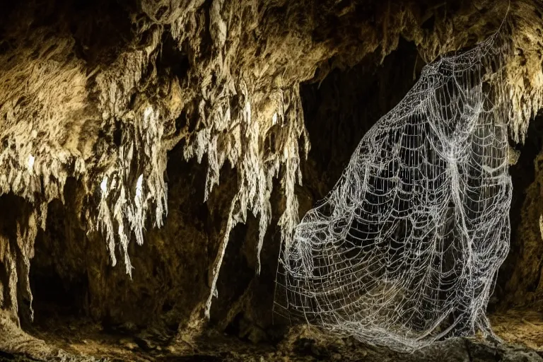 Image similar to portrait of a dusty armored skeleton covered in webs in a cave By Emmanuel Lubezki