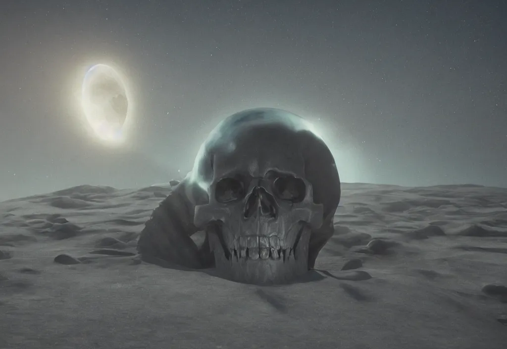 Prompt: strange alien skull in a dessert in the moon, cinematic lighting, octane tender, volumetric light, dark - art