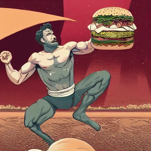 Prompt: greco-roman wrestler observing and meditating over giant hamburger, extra onions and ketchup, luscious patty with sesame seeds, oncept art by josan gonzales and wlop, by james jean, Victo ngai, David Rubín, Mike Mignola, Laurie Greasley, highly detailed, sharp focus, alien, Trending on Artstation, HQ, deviantart, art by artgem