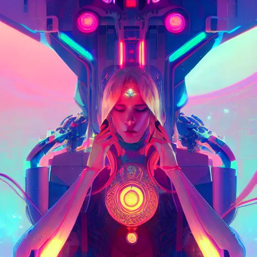 Image similar to a cybernetic temple, vaporwave aesthetic, colorful, psychedelic, digital painting, artstation, concept art, smooth, sharp focus, illustration, art by artgerm and greg rutkowski and alphonse mucha