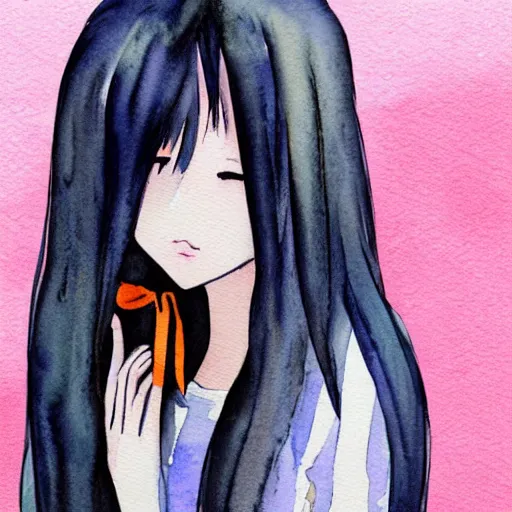 Prompt: watercolor portrait painting sad cute anime girl with long hair
