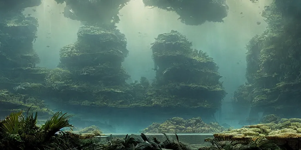 Image similar to screenshot from a movie, epic matte painting of the under water jungle of the damned, cinematic cinematography masterpiece, greg rutkowski, and ivan aivazovski, roger deakins