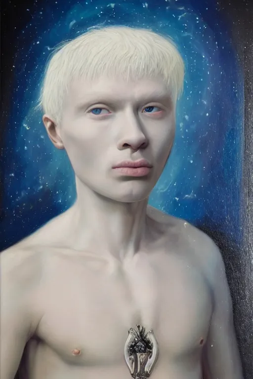 Image similar to hyperrealism oil painting, close - up portrait of albino medieval fashion model, knight, steel gradient mixed with nebula sky, in style of baroque