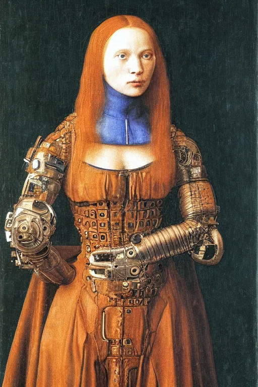 Image similar to a close - up portrait of a cyberpunk cyborg girl, by jan van eyck, rule of thirds