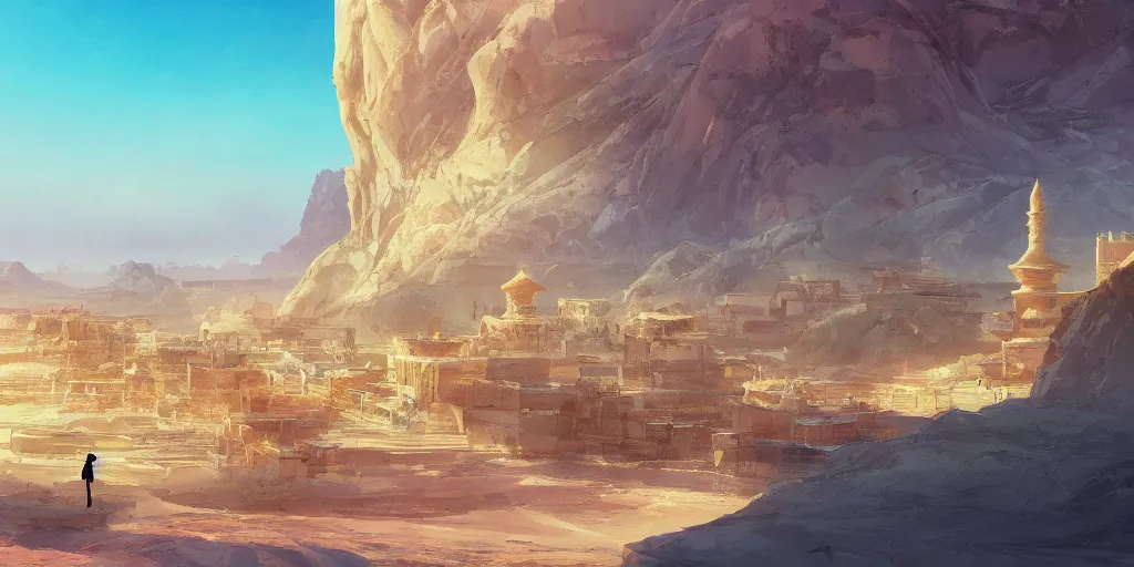 Image similar to a stunning desert landscape with an arabian palace on the horizon by makoto shinkai