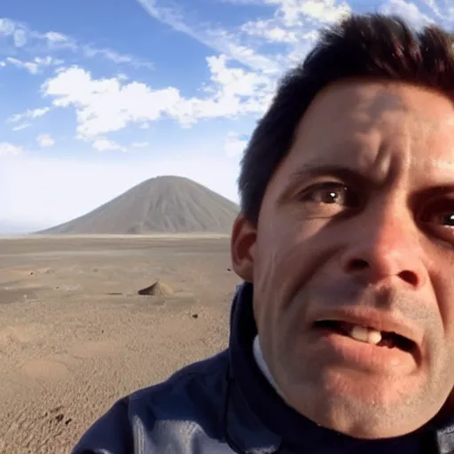 Prompt: the last selfie taken by an alien! in an apocalypse volcano in the background hd cinematic epic 8 k