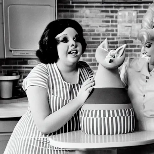 Image similar to 1976 two curvy women in a vintage kitchen baking a cake wearing an inflatable long prosthetic snout nose made of gooey green slime, soft color wearing stripes sitting on chairs covered in soft fabric, pink slime everywhere, grey striped walls, studio lighting 1976 color film archival footage holding a hand puppet that looks like Porky Pig, 16mm Russ Meyer John Waters Almodovar Doris Wishman