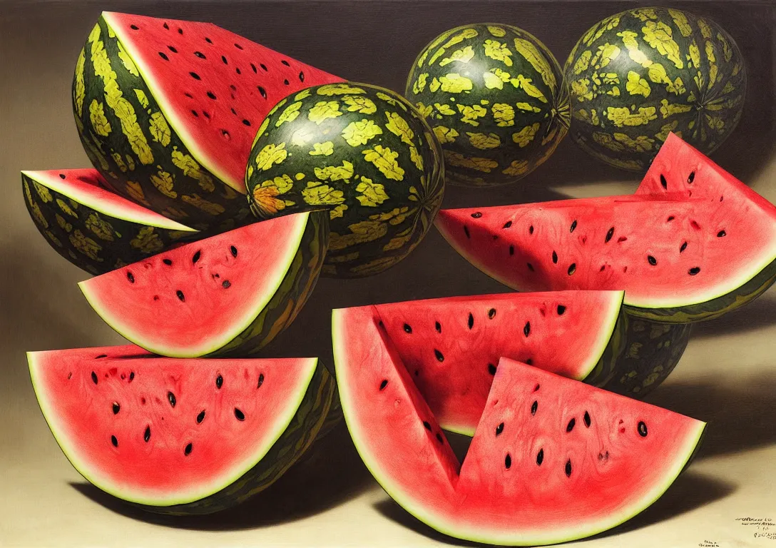 Image similar to a plate full of sliced watermelon in the style of wayne barlowe, gustav moreau, goward, bussiere, roberto ferri, santiago caruso, luis ricardo falero, frazetta