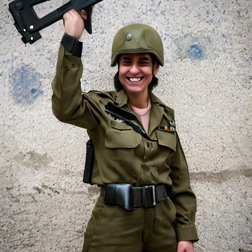 Image similar to a female israeli defence force soldier holding a stapler to her head and smile by donato gianocola