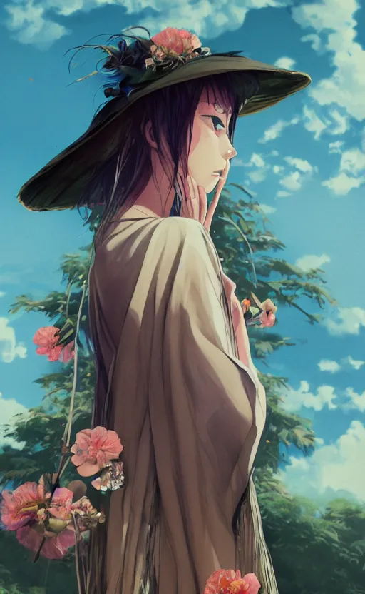 Image similar to bestselling movie poster, official media,a cinematic beautiful closeup moment of saying goodbye wearing boho poncho and sunhat with peonies, simple form, brutal shapes, shaman, pixiv, 1970s fashion, official anime media, cinematic lighting, artstation consept artwork by doja cat, charlie bowater, waterhouse, ,greg rutkowski, wong kar wai