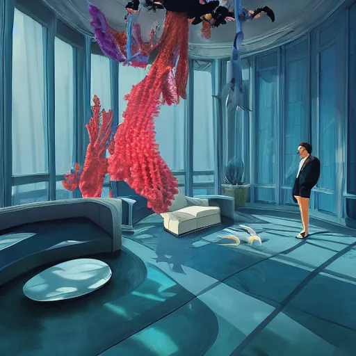 Prompt: photo of the modern fashionable room as aquarium with a chandelier as a big jellyfish, beautiful corals on the walls and dangerous sharks outside, big panoramic window, realism, sharp details, cinematic, under the ocean, realistic colors, realistic shadows, daylight by beeple and by greg rutkowski