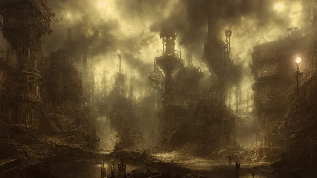 Image similar to steampunk landscape underground, andreas achenbach, artgerm, mikko lagerstedt, zack snyder, tokujin yoshioka