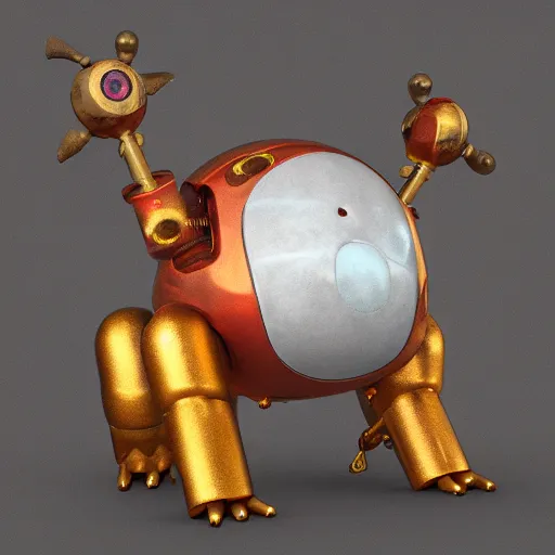 Image similar to a small chubby bot, smooth panelling, one large gold eye intricate detail, style of pokemon, with damaged rusty arms, broken antenna, recycled, floating, white studio, oil, mechanical, toy, ambient light, in the style of pokedstudios, belnder, octane render, 8 k,