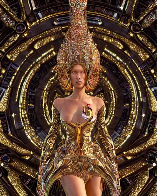 Image similar to a highly detailed metahuman 4 k close up render of an alien goddess bella hadid monument tiger in iris van herpen dress schiaparelli in diamonds crystals swarovski and jewelry iridescent in style of alphonse mucha gustav klimt trending on artstation made in unreal engine 4