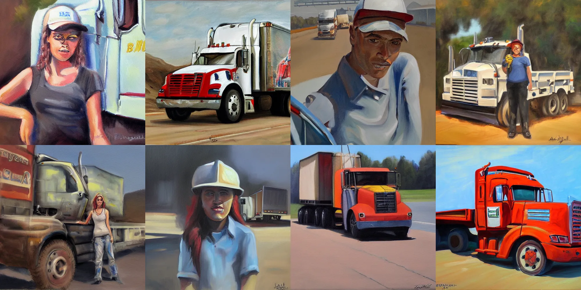 Prompt: painting of truck driver and angelina joile by eddie mendoza