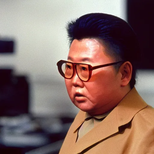 Prompt: filmstill of Kim Jong-il wearing a bandana on his forehead and aiming with a bow in the role of John Rambo, cinemascope, Eastman Color Negative 50T 5251 Neg. Film