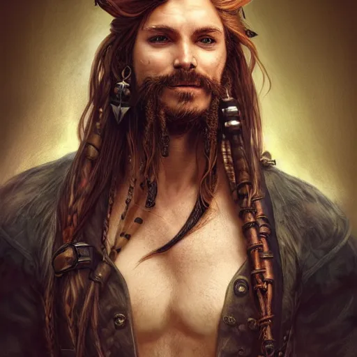 Image similar to portrait of a boar - man hybrid pirate, male, handsome, masculine, full body, red hair, long hair, soft hair, fantasy, intricate, elegant, highly detailed, steampunk, airship, digital painting, artstation, concept art, character art, smooth, sharp focus, illustration, art by artgerm and greg rutkowski and alphonse mucha