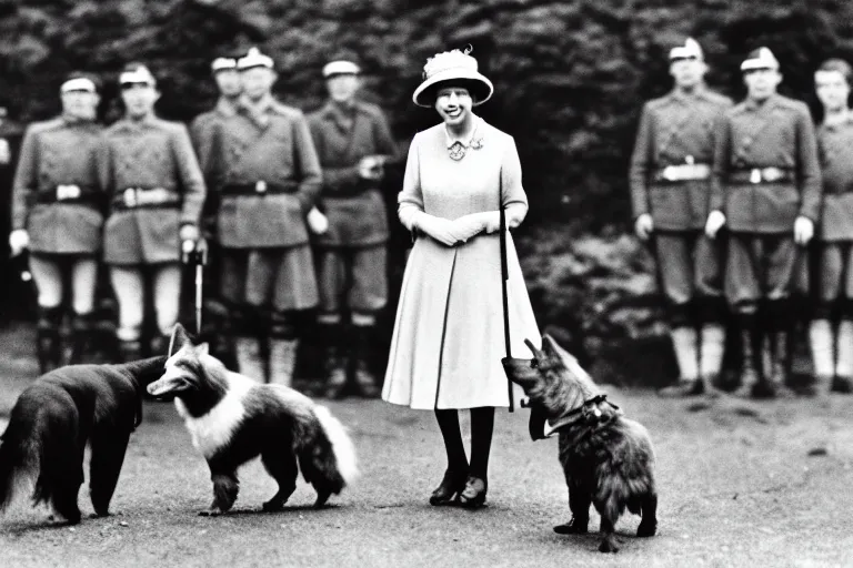 Prompt: ultra wide historical far away photo of young queen elizabeth and her corgi army conquering nazi germany, sharp focus, highly detailed