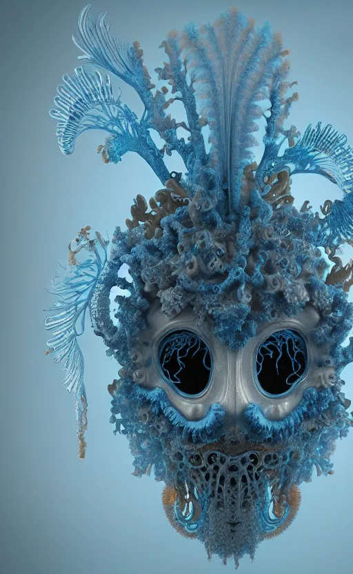 Prompt: intricate gothic baroque porcelain blue mask, eagle coral, jelly fish, feathers, mandelbulb 3 d, fractal flame, octane render, cyborg, biomechanical, futuristic, by ernst haeckel