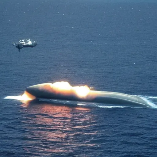 Image similar to spaceship like submarine sailing in the sea which fires a nuclear missile