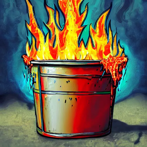 Prompt: a bucket of water in flames, chaotic painting, depicting remorse