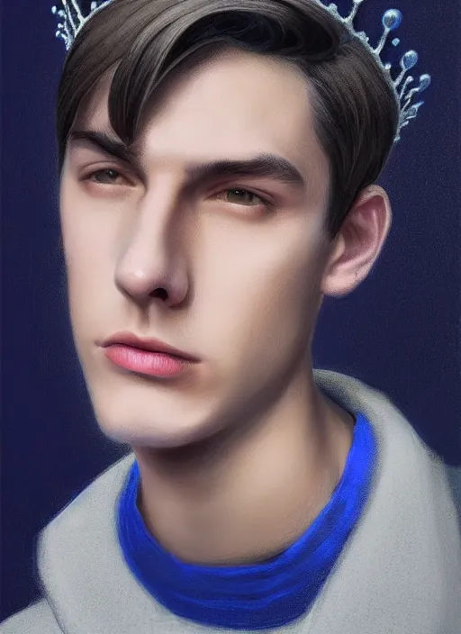 Image similar to portrait of teenage jughead jones wearing a light grey crown, crown, blue turtleneck, 1 9 5 0 s, closed eyes, photorealistic, black hair, glowing lighting, intricate, elegant, glowing lights, highly detailed, digital painting, artstation, concept art, smooth, sharp focus, illustration, art by wlop, mars ravelo and greg rutkowski