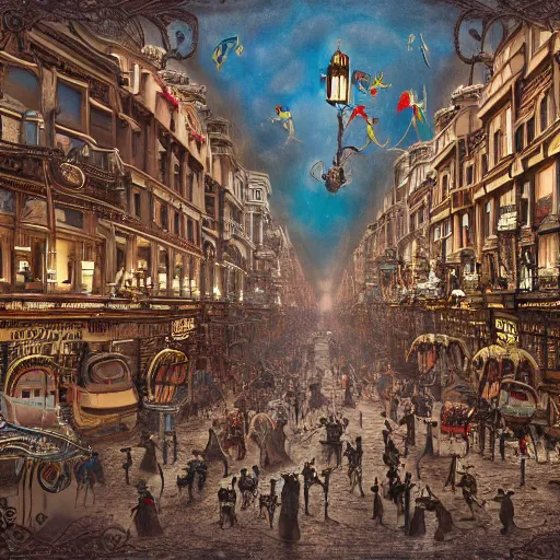 Prompt: gigantic ants walking through the center of a town, extreme detail, abstract realism, highly ornate intricate details, 1 9 2 0's colored pencil, 4 k, cinematic lighting,