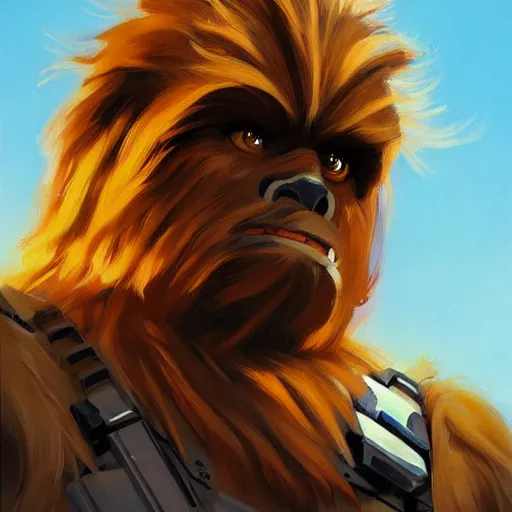 Prompt: greg manchess portrait painting of chewbacca as overwatch character, medium shot, asymmetrical, profile picture, organic painting, sunny day, matte painting, bold shapes, hard edges, street art, trending on artstation, by huang guangjian and gil elvgren and sachin teng