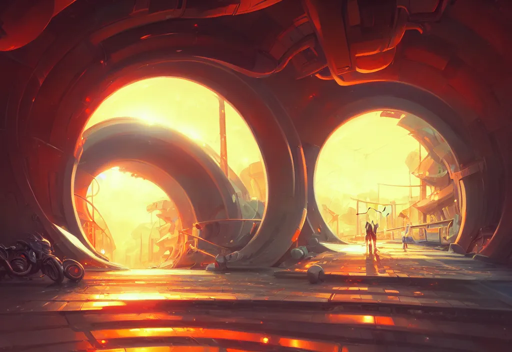 Image similar to chubby futuristic tunnel entrance, golden hour, intricate oil painting, high detail illustration, sharp high detail, manga and anime 1 9 9 9, official fanart behance hd artstation by jesper ejsing and makoto shinkai, 4 k,