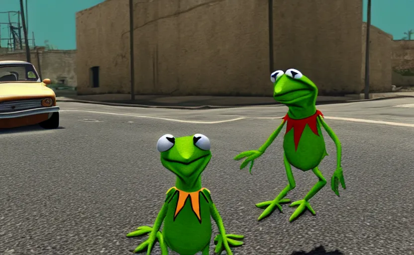 Image similar to kermit the frog in gta san andreas, cinematic shot, 4 k