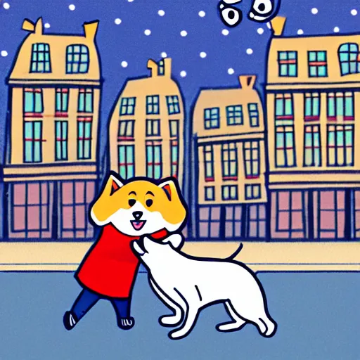 Image similar to illustration of boy playing football with a corgi wearing a polkadot scarf on the streets of paris