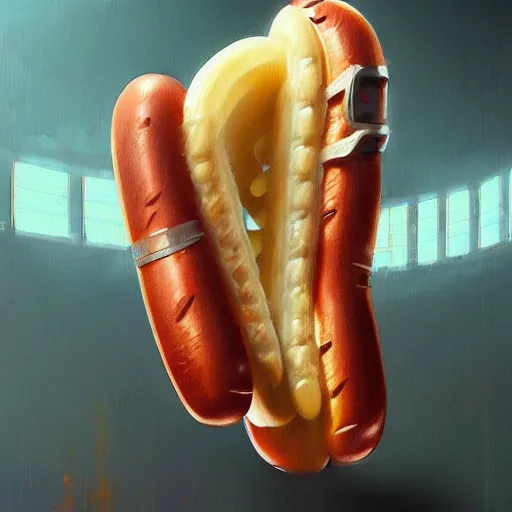 Prompt: cyberpunk hot dog, mechanical hot dog, tubes fused with the body, painted by stanley lau, painted by greg rutkowski, painted by stanley, artgerm, masterpiece, digital art, trending on arts