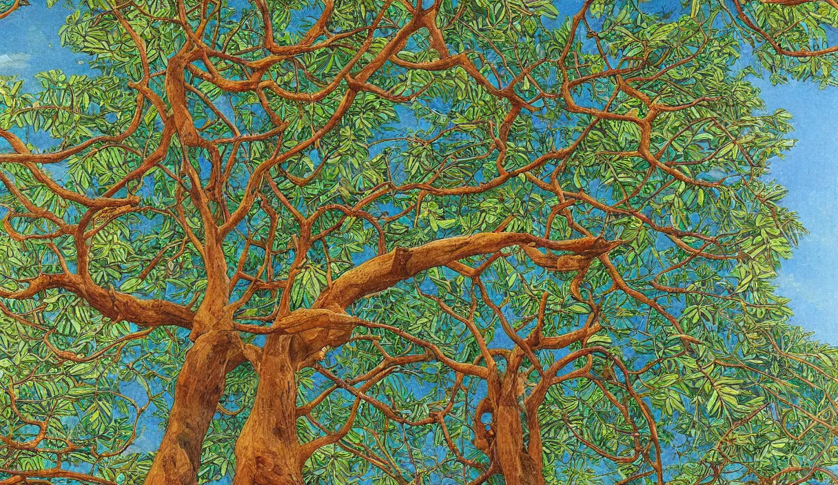 Prompt: looking up into a tree, close up, detailed by marianne north by moebius